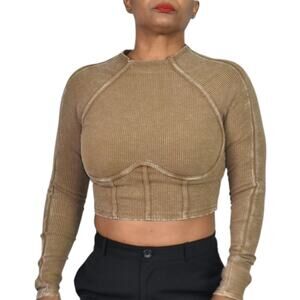 Fashion Nova Corset Crop Top Brown Washed Ribbed Long Sleeve Bustier Size Medium
